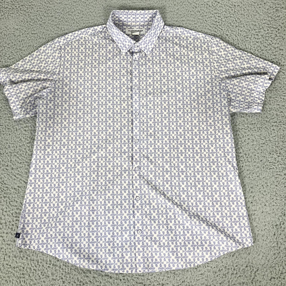 Mizzen+Main Shirt Mens XL White Blue Paisley Short Sleeve Stretch Button Up